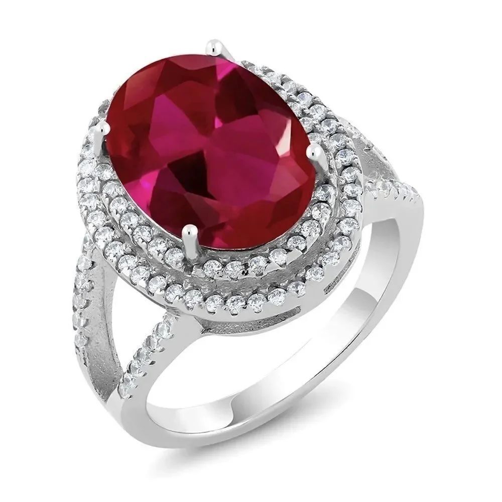 .925 Sterling Silver with Ruby and Diamond Cubic Zirconia Oval Cocktail Ring